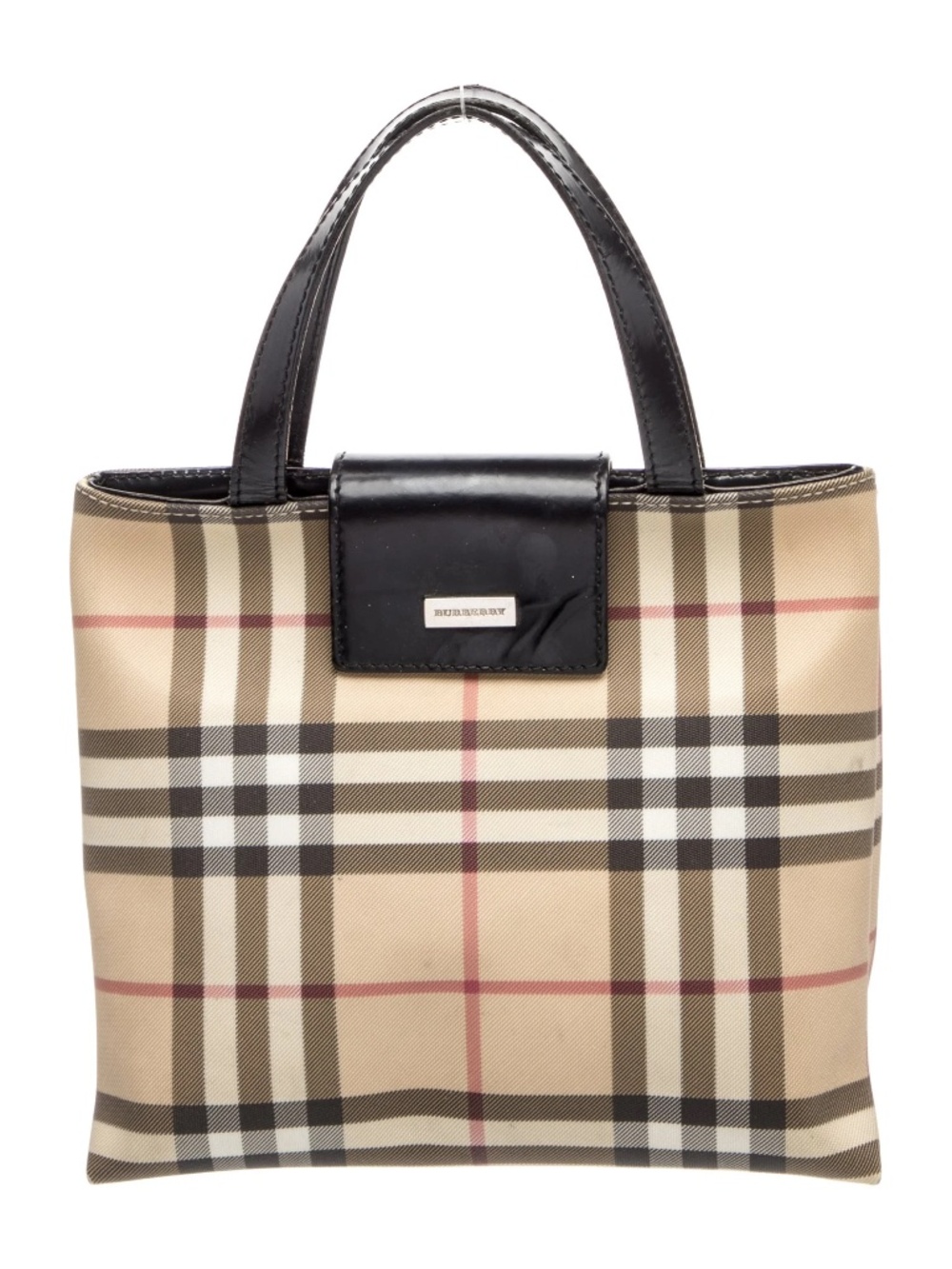 Vintage Burberry Beige Check Tote with Black Leather Trim
